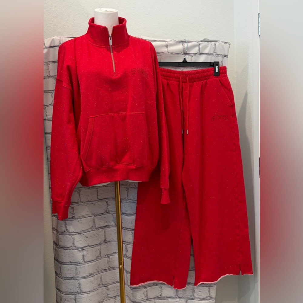 PINK Victoria  Secret Red Sparkle Sweatshirt & Sweatpants Set